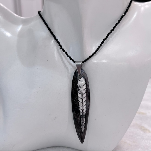 Fossil Orthoceras Silver Pendant with Thai Black Spinel Beaded 18” Necklace - Picture 2 of 14